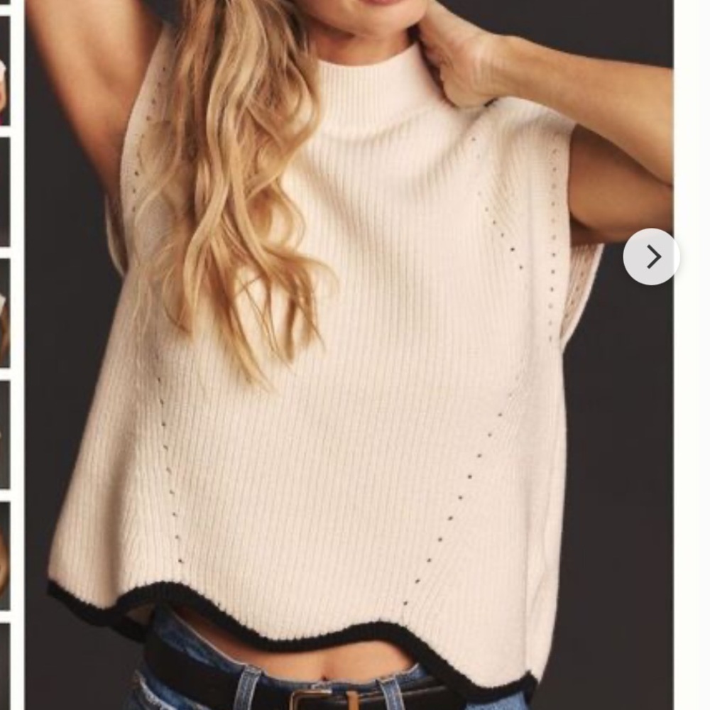 Anthropologie Maeve Cream Knit Sleeveless Mock Neck Top with Black Trim